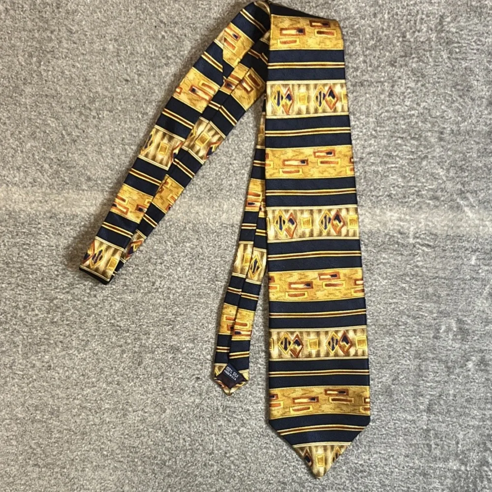 Benchmark 100% Silk Made In USA Gold, Navy Men's Classic Tie Colorful 58